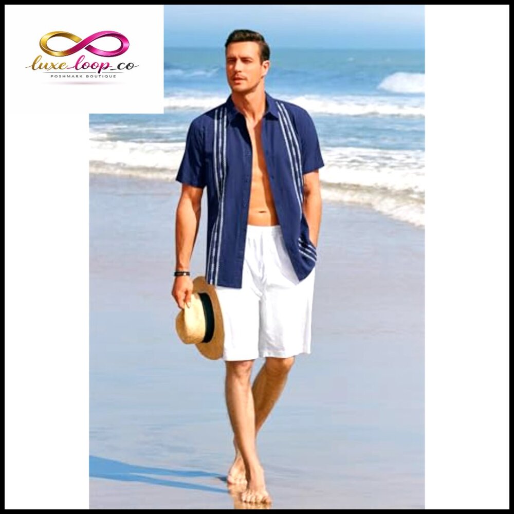 Men's Linen Cotton Guayabera Shirt Embroidered Cuban Wedding Beach Top - Picture 4 of 7